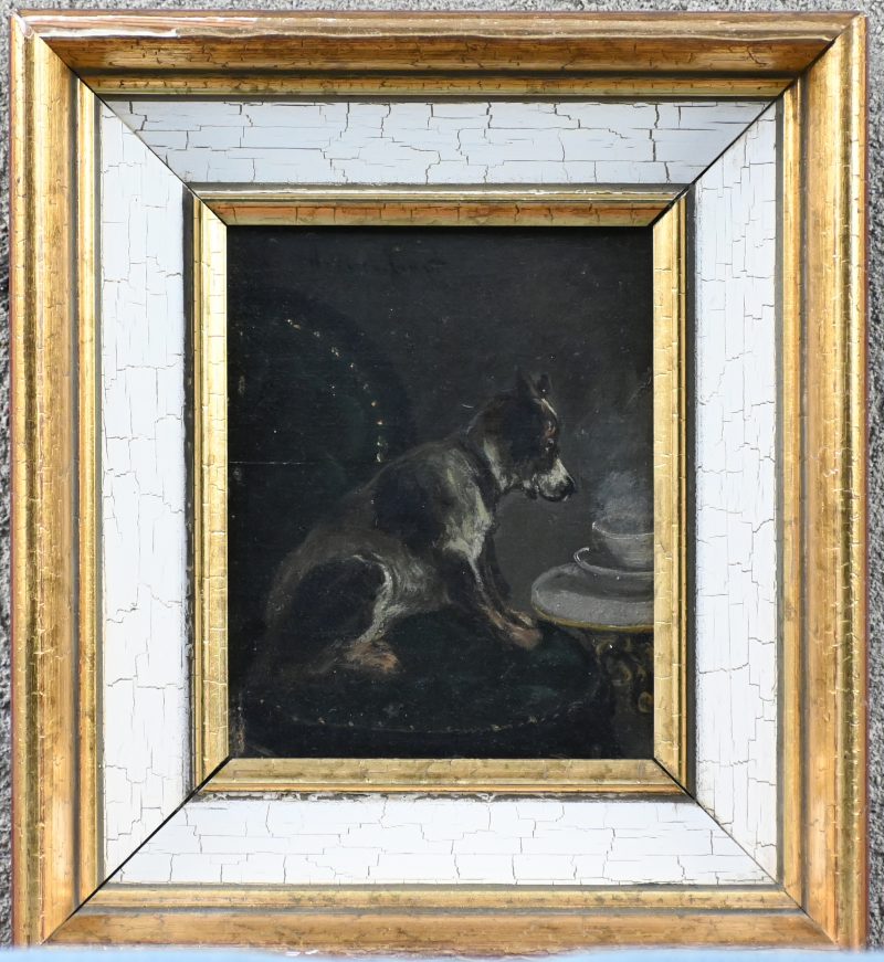 “Hondje op een zeteltje” Olieverf op paneel. Gesigneerd links bovenaan.