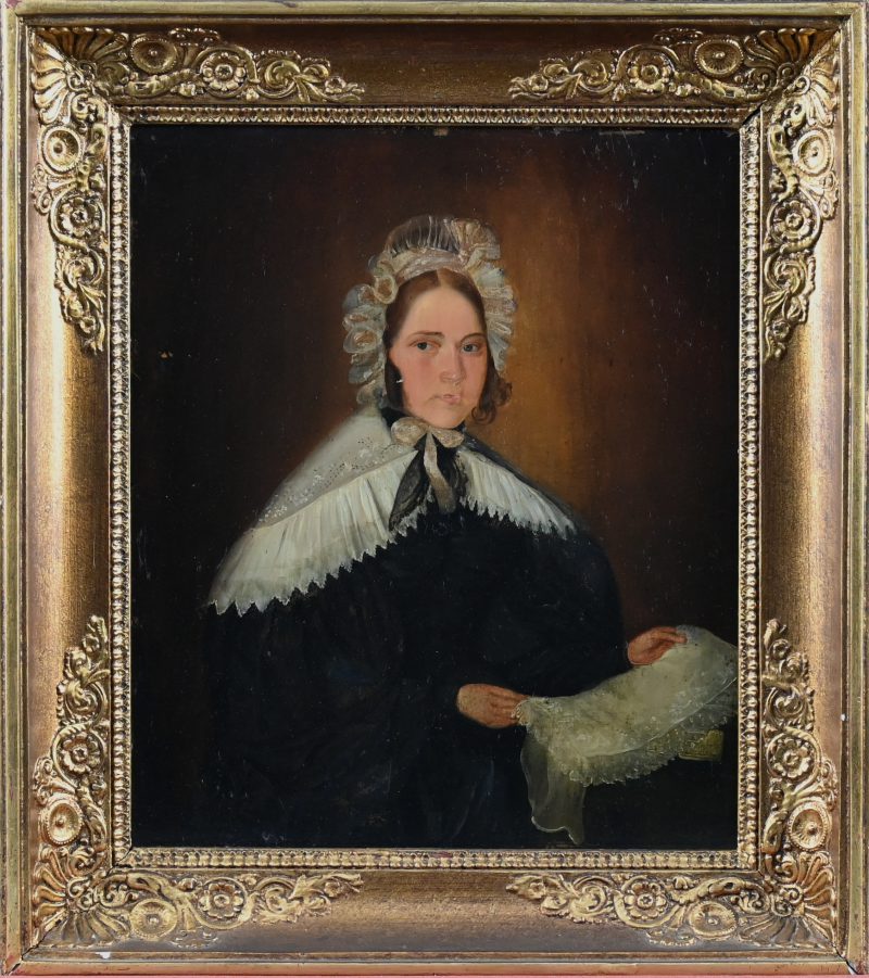 “Portret van een burgervrouw”. Olieverf op paneel. Gesigneerd. Medio XIXe eeuw.