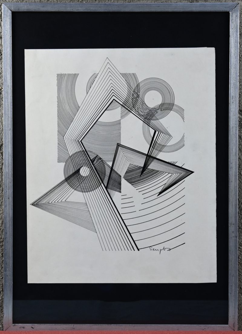“Abstracte compositie in zwart en wit”. Een inkttekening. Gesigneerd.