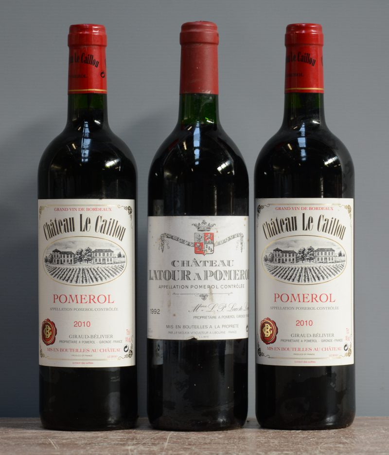 Lot rode Bordeaux        aantal: 3 Bt.    Ch. Latour à Pomerol A.C. Pomerol   M.P.  1992  aantal: 1 Bt.    Ch. Le Caillou A.C. Pomerol   M.C.  2010  aantal: 2 Bt.