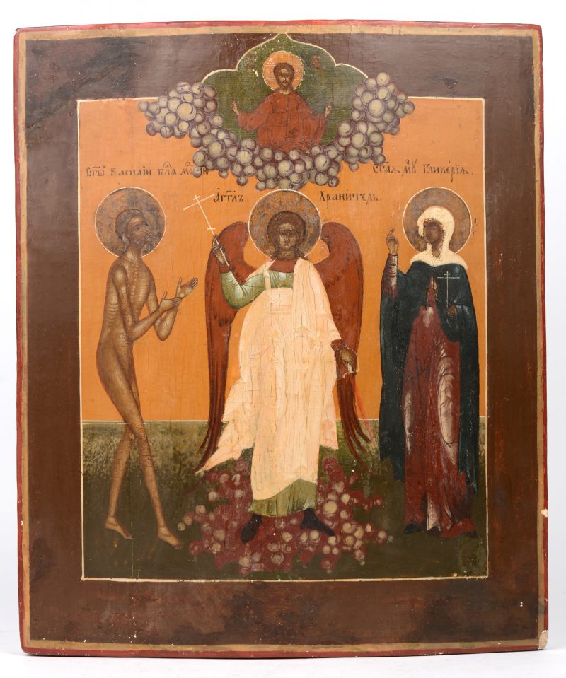 Een Russisch icoon met de heilige Basilius en Glykeria afgebeeld met een engelbewaarder.