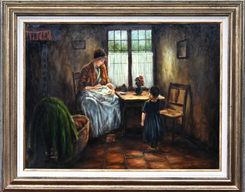 “Moeder en kinderen in een interieur”. Olieverf op doek. Gesigneerd.