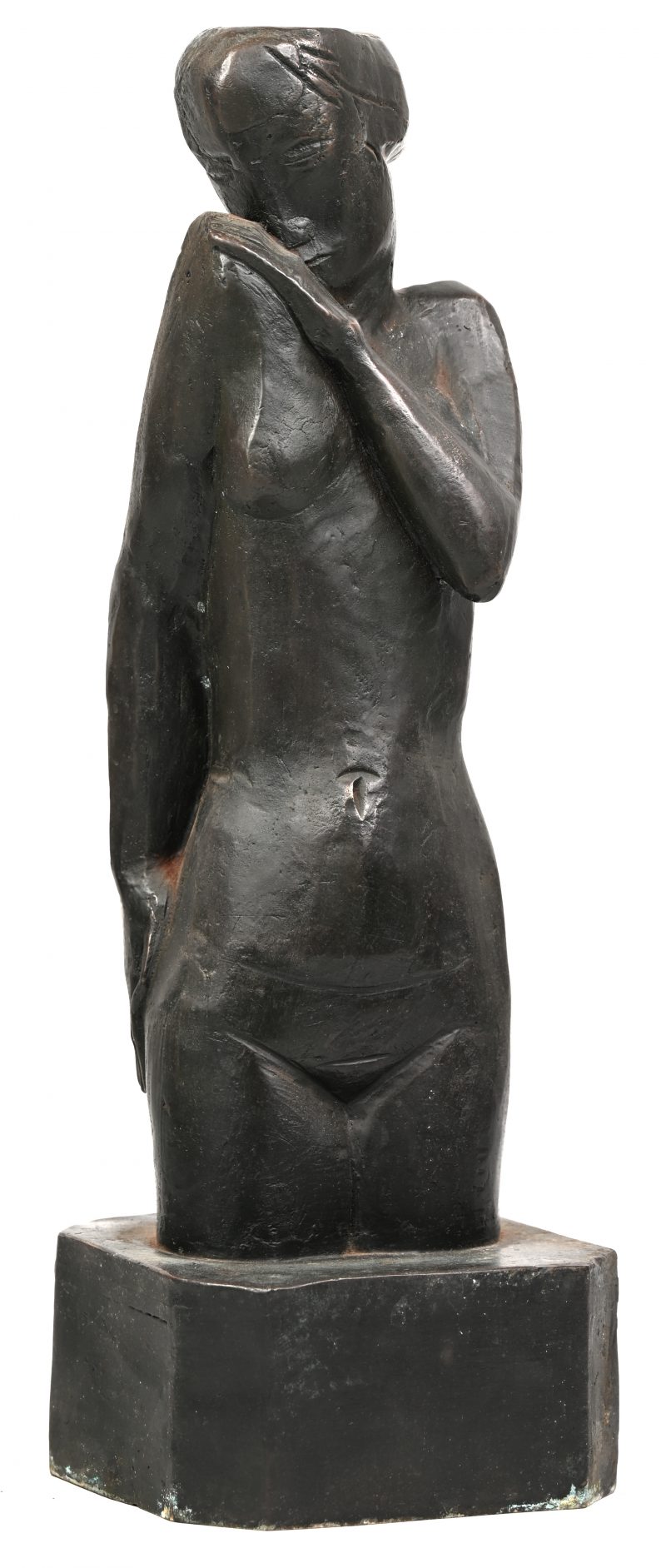“In gedachten verzonken”. Vrouwelijk naakt. Een bronzen beeldje naar het werk van Jozef Cantré.