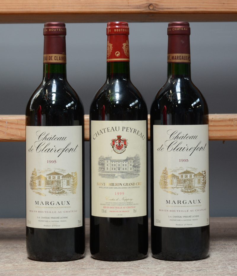 Lot rode Bordeaux        aantal: 3 Bt.    Ch. de Clairefont A.C. Margaux   M.C.  1995  aantal: 2 Bt.    Ch. Peyreau A.C. St-Emilion grand cru   M.C.  1999  aantal: 1 Bt.