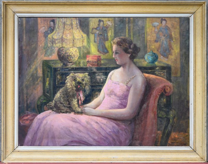 “Vrouw met hondje”. Olieverf op doek. Toegeschreven aan Leopold Muller (Antwerpen 1879 - 1961). Zonder signatuur.