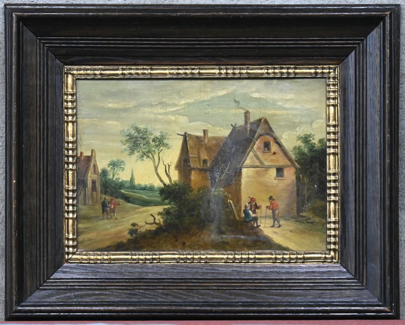 “Dorpsscène”. Olieverf op paneel. In de geest van David Teniers.