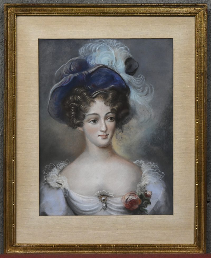 “Damesportret”. Pastel op papier. XIXe eeuws.