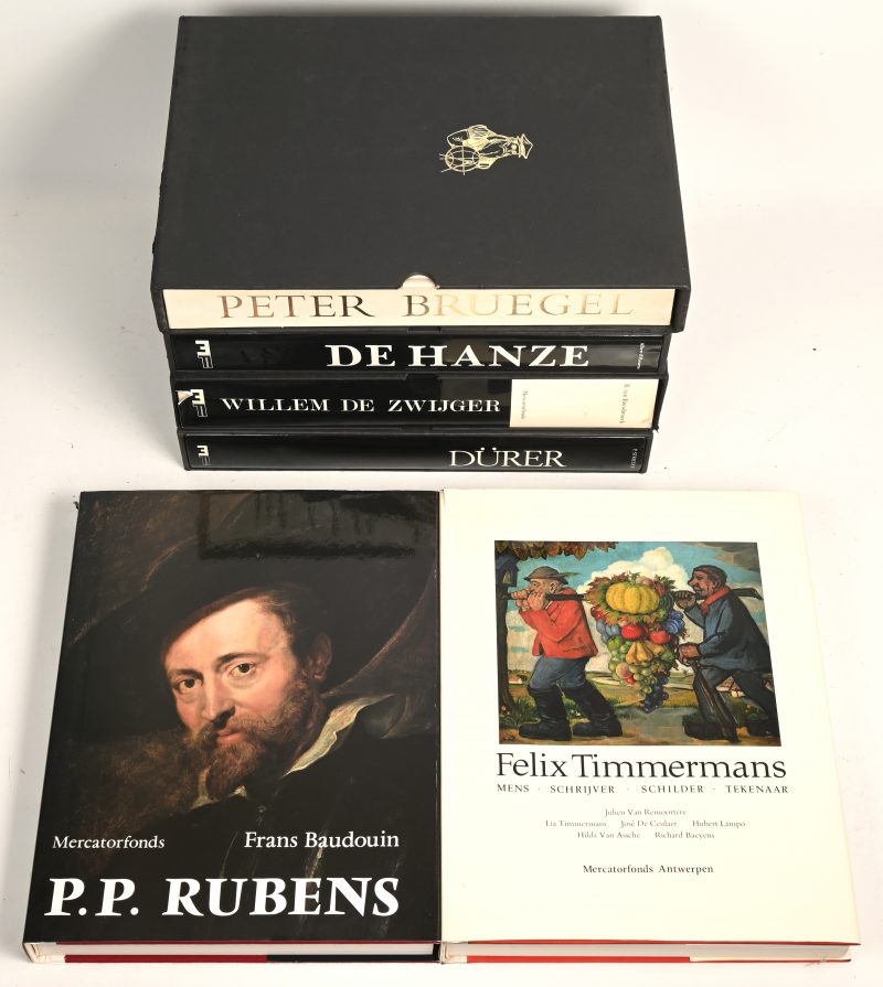 Een reeks van zes boeken in stofhulzen:- Felix Timmermans- Peter Bruegel- P. P. Rubens- Willem de Zwijger- De Hanze- Dürer