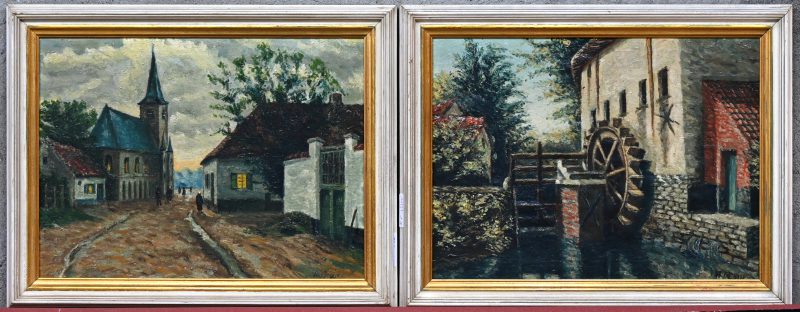 “Dorpszicht” & “Watermolen”. Twee olieverfschilderijtjes op paneel. Beide gesigneerd.