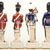 Een reeks van vier meerkleurig porseleinen soldaten:- 1815 Officer, 1st Life Guard Regiment.- 1822 Officer, 3rd Guards Regiment- 1825 Officer, Coldstream Guards- 1825 Sgt. Major, Coldstream Guards.