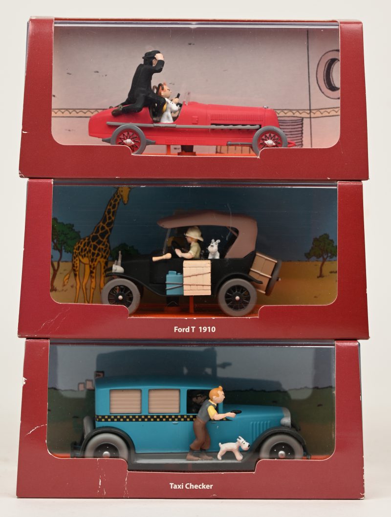 Drie modelautootjes uit de reeks “Tintin au voiture”. In originele doosjes.