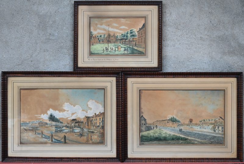Drie zichten op Gent, aquarel op papier. Vermoedelijk voorontwerpen voor kopergravures. Allen gesigneerd en gedateerd 1819; 1820 & 1829.