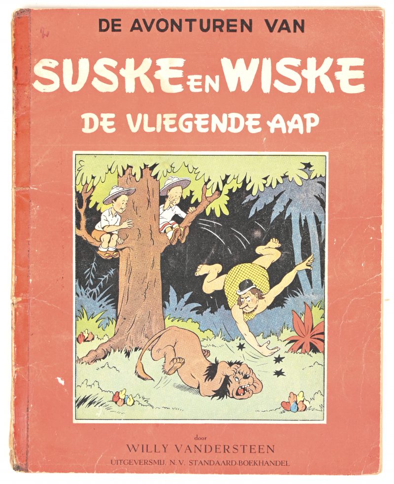 “De Vliegende Aap”. Suske en Wiske, rode reeks. Eerste uitgave 1948. Goede staat, kleefband op de rug, nummertje op de kaft.