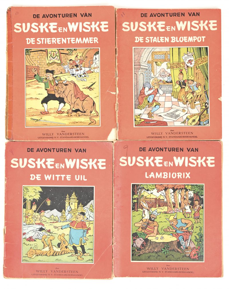 Vier albums van Suske en Wiske, rode reeks. - “De  Witte Uil”. Eerste uitgave 1950. Matige staat, sletige rug, nummertje op de kaft, losse en beduimelde middenkaterns.- “Lambiorix”. Eerste uitgave 1950. Goede staat, enige slijtage aan rug, nummertje op kaft, middenste katerns los.- “De Stierentemmer”. Eerste uitgave 1950. Redelijke staat, kleefband op de rug, hoekje van de kaft, blok los.- “De Stalen Bloempot”. Uitgave 1951. Goede staat, slijtage aan rug, nummertje op kaft, middenste bladen gelost, extra nieten.