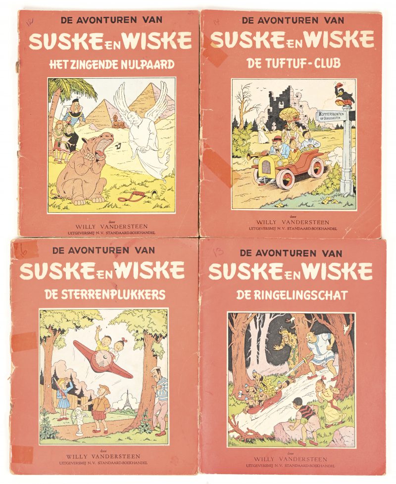 Vier albums van Suske en Wiske, rode reeks. - “Het Zingende Nijlpaard”. Eerste uitgave 1951. Goede staat, slijtage aan rug, kleine randschade aan achterkaft, nummertje op kaft. Goed blok, extra nieten.- “De Ringelingschat”. Eerste uitgave 1951. Zeer goede staat, nummertje op kaft. Goed blok.- “De Tuftuf-Club”. Eerste uitgave 1952. Goede staat, slijtage en kleefband aan rug, kleine randschade aan achterkaft, nummertje op kaft. Goed blok, extra nieten.- “De Sterrenplukkers”. Eerste uitgave 1952. Goede staat, slijtage aan rug, kleine randschade aan achterkaft, nummertje op kaft. Goed blok, extra nieten.