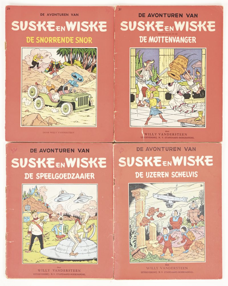 Vier albums van Suske en Wiske, rode reeks. - “De Speelgoedzaaier”. Eerste uitgave 1954. Goede staat, slijtage aan rug, nummertje op kaft. Goed blok. Middenste pagina’s los.- “De Ijzeren Schelvis”. Eerste uitgave 1954. Goede staat, nummertje op kaft. Goed blok, middenste pagina’s los.- “De Snorrende Snor”. Uitgave 1959. Goede staat, streepjes op achterkaft. Goed blok.- “De Mottenvanger”. Eerste uitgave nummer 31, 1957. Goede staat, lichte rugslijtage, klein hoekje van achterflap. Goed blok.
