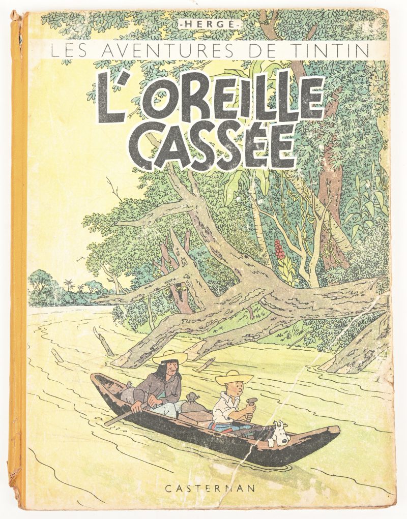 Les Aventures de Tintin. “L’Oreille Cassée”. Kleurenuitgave van 1944, Achterflap A23bis, Gele rug sletig, geschaafde harde kaft. Matige staat, goed, volledig blok, gelost.