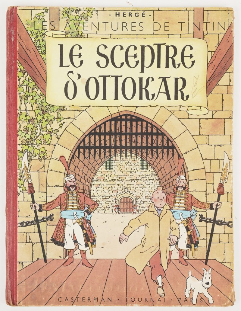 Les Aventures de Tintin. “Le Sceptre d’Ottokar”. Kleurenuitgave van 1947, Achterflap B1, Rode rug in goede staat, lichtjes geschaafde randen van de kaft, enkele potloodkrabbels. Goede staat, goed, volledig blok, binding ietwat gelost.