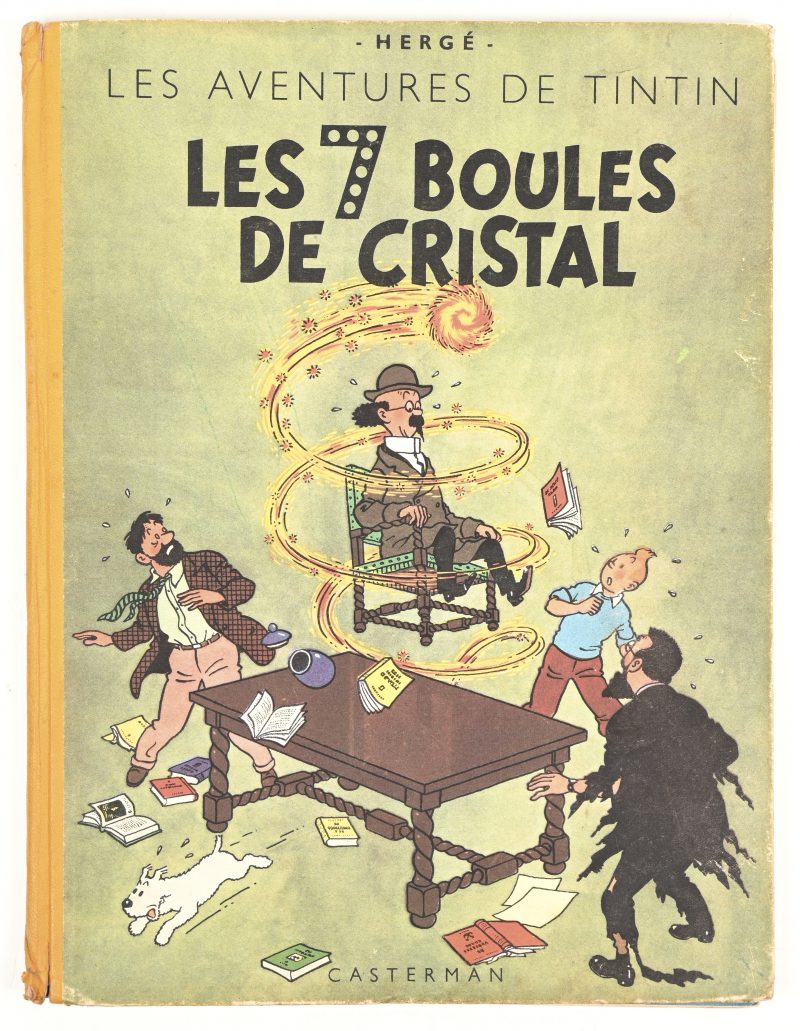 Les Aventures de Tintin. “Les 7 Boules de Cristal”. Kleurenuitgave van 1948, Achterflap B2, Gele rug in goede staat, lichtjes geschaafde randen van de kaft. Goede staat, goed, volledig blok, schutblad losgekomen.