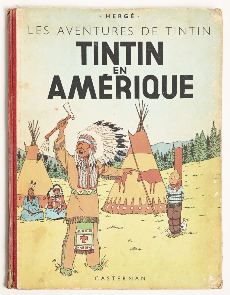 Les Aventures de Tintin. - “Tintin en Amérique”. Kleurenuitgave van 1947. Achterflap B1. Rode rug, lichtjes sletig, licht geschaafde randen, titelblad gescheurd en met kleefband.