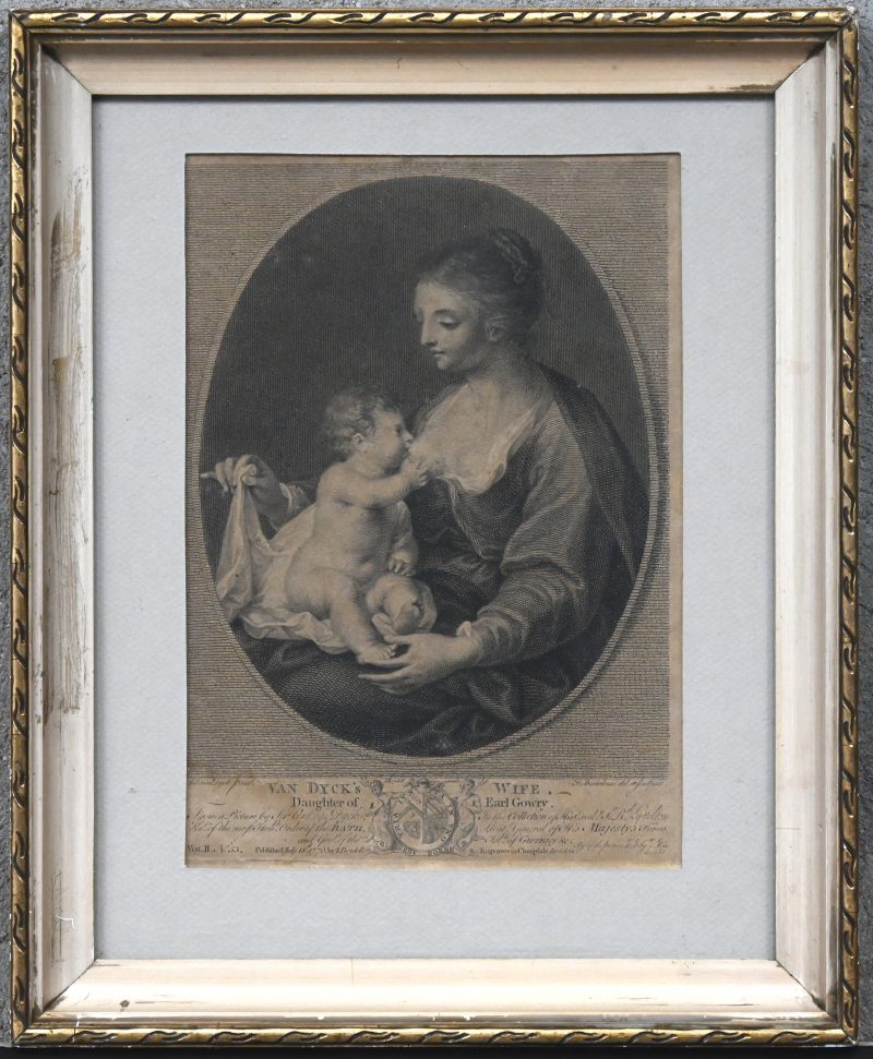 Van Dyck's Wife. Daughter of Earl Gowry.From a Picture by Ant. Van Dyck, In the Collection of His Excel.y S.r R.d Lyttelton Kn.t of the most Hon.ble Order of the Bath, Lieut.t General of His Majesty's Forces, and Gov.r of the Isl.nds of Guernsey &c. Voll. II. No. 53”. Ant. van Dyck Pinx.t. Boydell excudit. F. Bartolozzi del. et Sculpsit.Published July 18th 1770 by J. Boydell Engraver in Cheapside London.