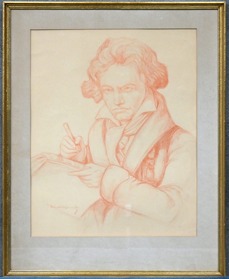 “Ludwig von Beethoven”. Een sanguinetekening. Gesigneerd.