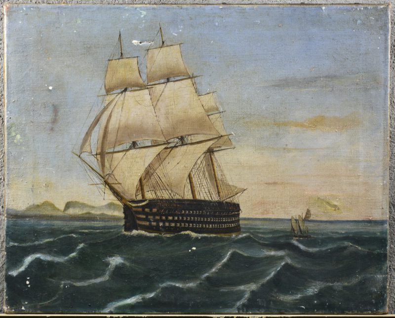 “Driemaster op zee”. Olieverf op doek. XIXe eeuw. Gerestaureerd.
