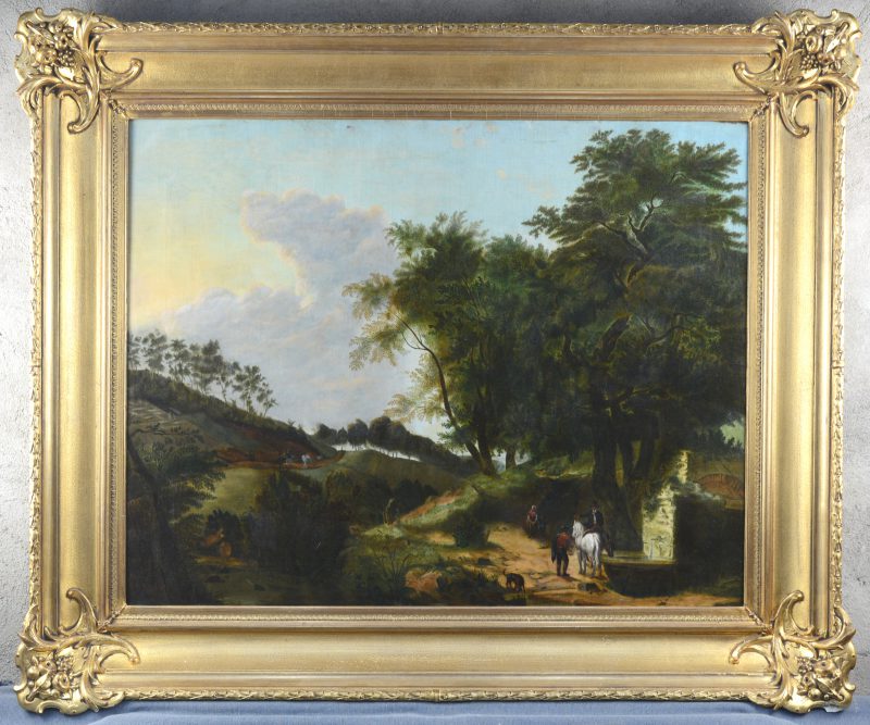 “Personages in een romantiserend landschap bij een drinkplaats”. Olieverf op doek. Vlaamse school. 19e eeuw.