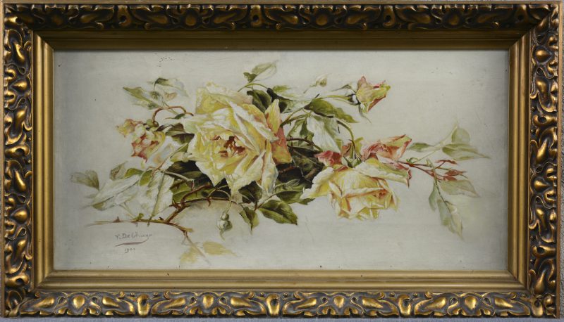 “Stilleven met rozen”. Olieverf op doek. Gesigneerd en gedateerd 1900.