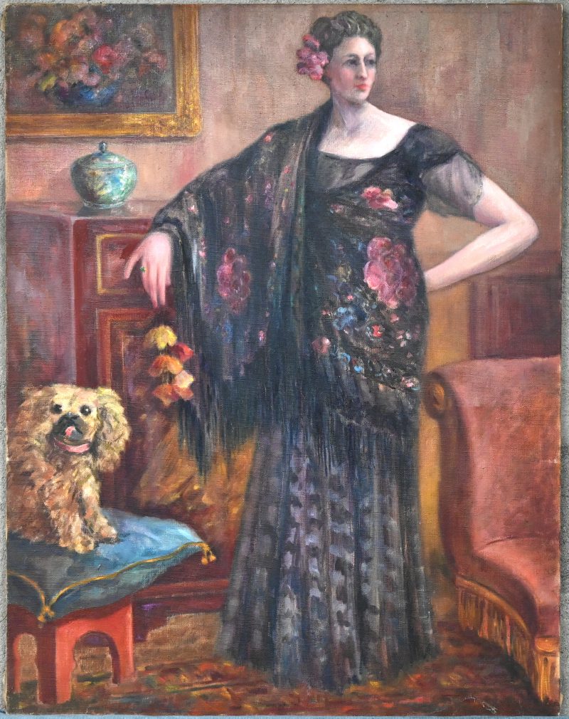 “Dame met hondje”. Olieverf op doek. Toegeschreven aan Leopold Muller (Antwerpen 1879 - 1961). Zonder signatuur.