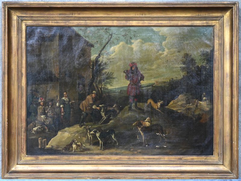 “De start van de jacht met talrijke personages en dieren in een landschap”. Olieverf op doek. XVIIIde eeuw. Craquelé met lichte verfschade onderaan.