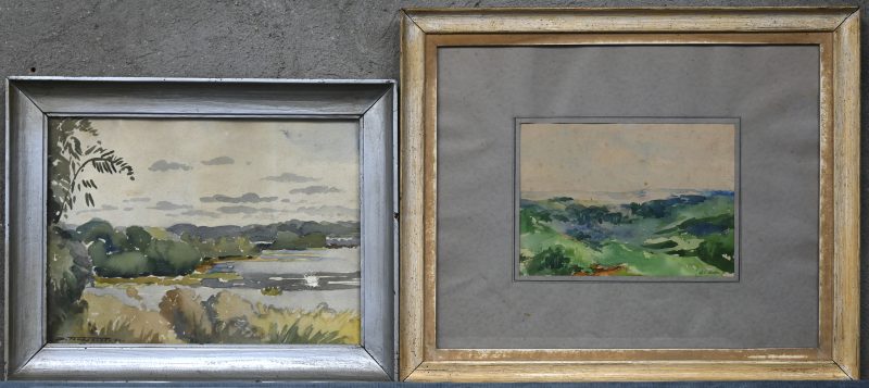 “Twee landschappen”. Aquarel op papier. De ene (20 x27 cm) gesigneerd S.V. André, de andere (27 x 40 cm) gesigneerd D. Toussaint en d.d. 1944.