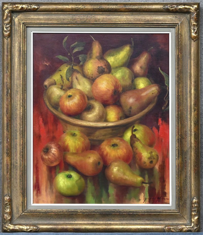 “Stilleven met appels en peren”. Olieverf op doek. Gesigneerd en gedateerd 1970.