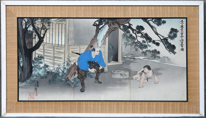 “De verbazing over de kracht van de krijger Benke als kind”. Een Japanse houtsnede, triptiek. Gesigneerd en gedateerd 1908.