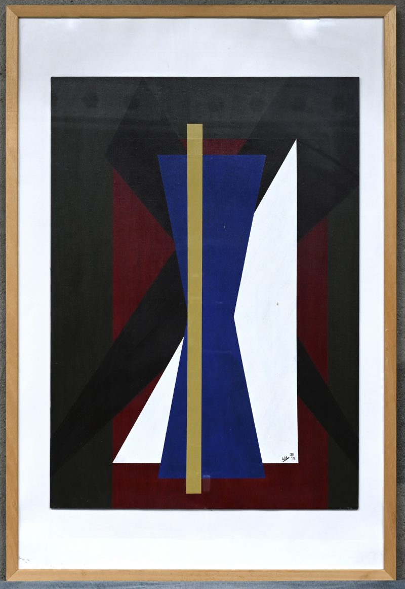 “Geometrisch abstract met rood en blauw”. Draagt monogram en nummer VIII, gedateerd ‘72.
