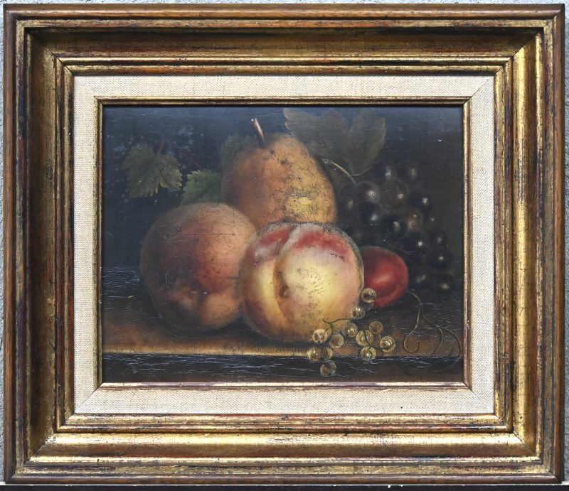 “Stilleven met fruit”. Olieverf op paneel. Zonder signatuur. Vroeg XIXe eeuw.