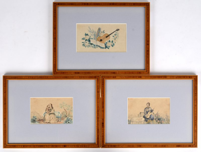 Een lot van drie kleine aquarelletjes op papier. Omstreeks 1900.