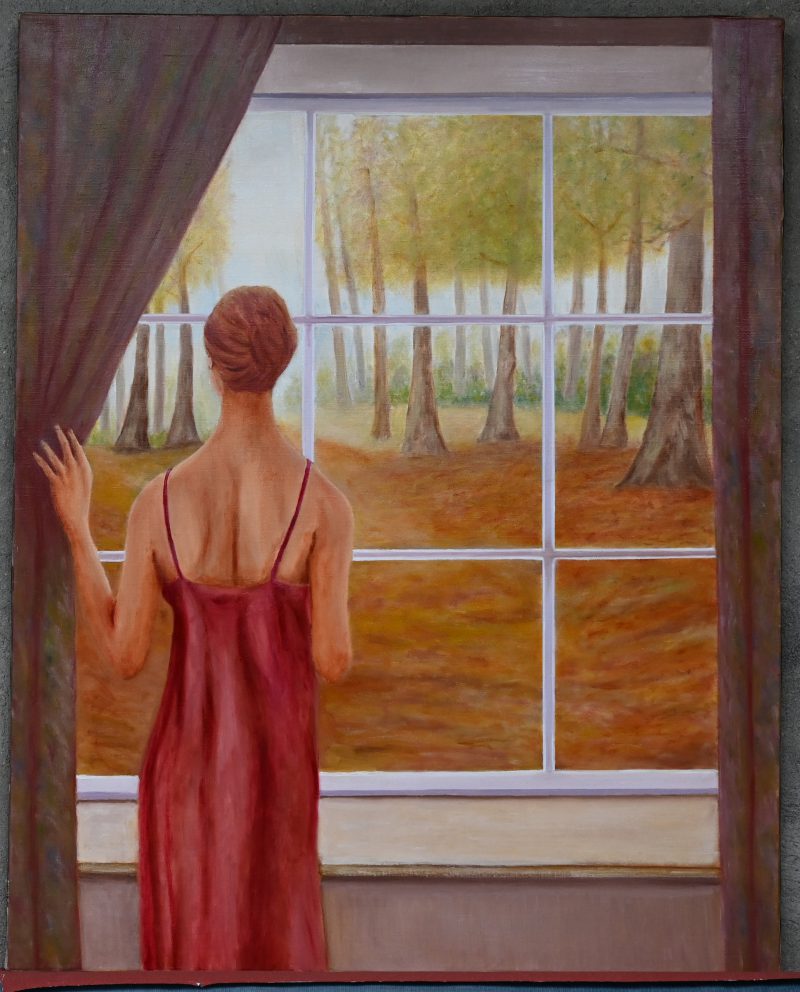 “Vrouw bij het raam”. Olieverf op doek. Niet gesigneerd.