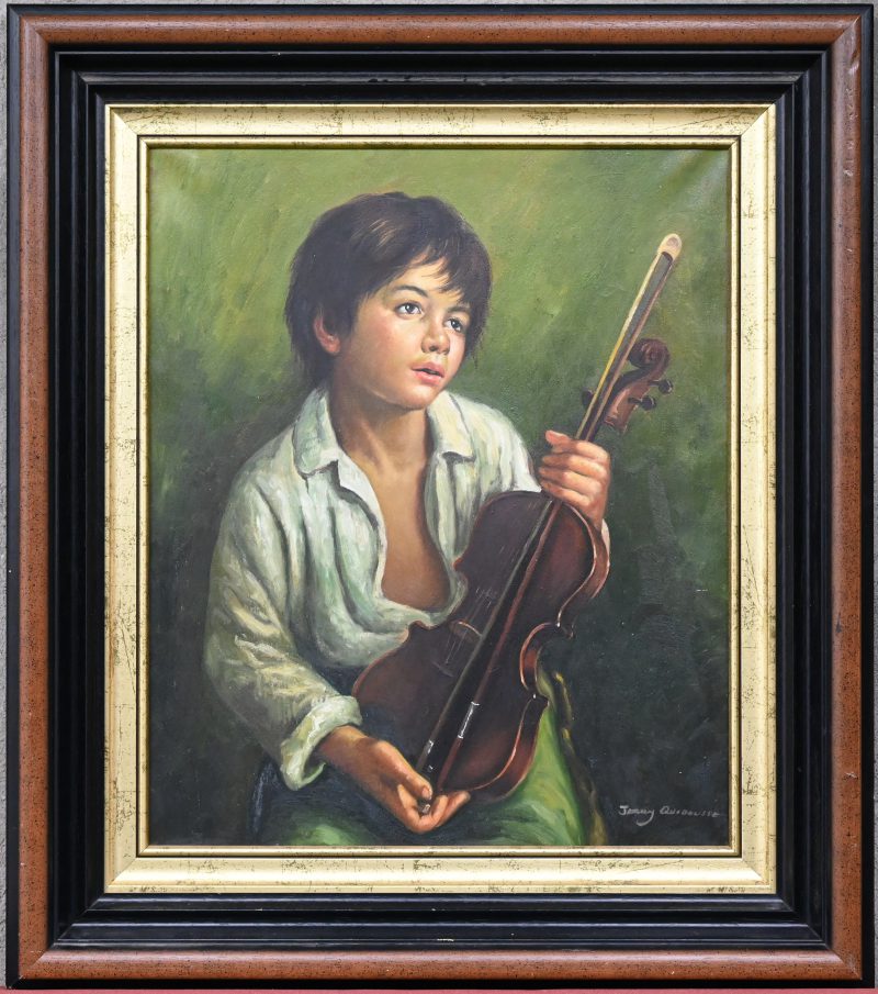 “Jongen met viool”. Olieverf op doek. Gesigneerd.