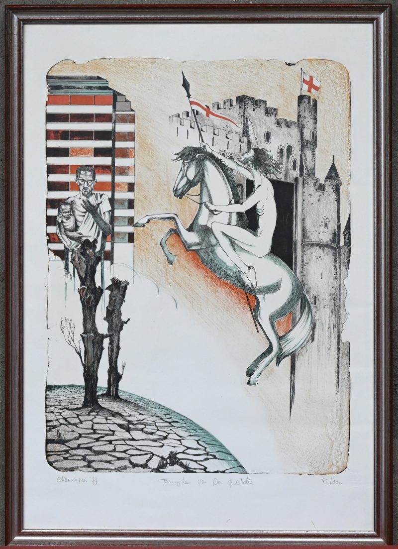 “Terugkeer van Don Quichotte”. Kleurenlithografie. Gesigneerd en genummerd, 75/100.