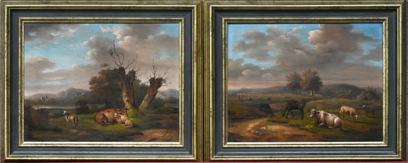 “Landschap met koeien”. Een paar XIXe eeuwse schilderijen, olieverf op paneel.