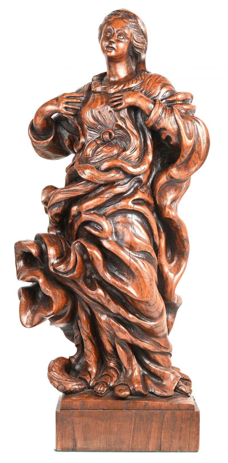“Maria met slang”. Een houten beeldhouwwerk. Achteraan gesigneerd en gedateerd 22-11-77.