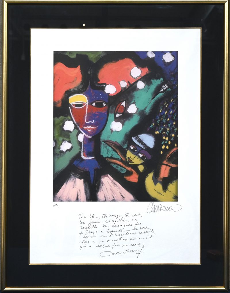 “Compositie met personages”. Een kleurenlitho met gedicht van Omar Sharif. Gesigneerd buiten de plaat. Epreuve d’artiste.