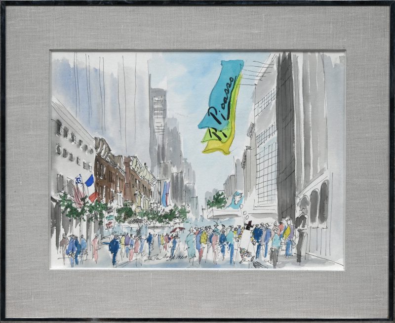 “In de rij voor Picasso te New York”. Aquarel op papier. Gesigneerd en gedateerd augustus 1980.