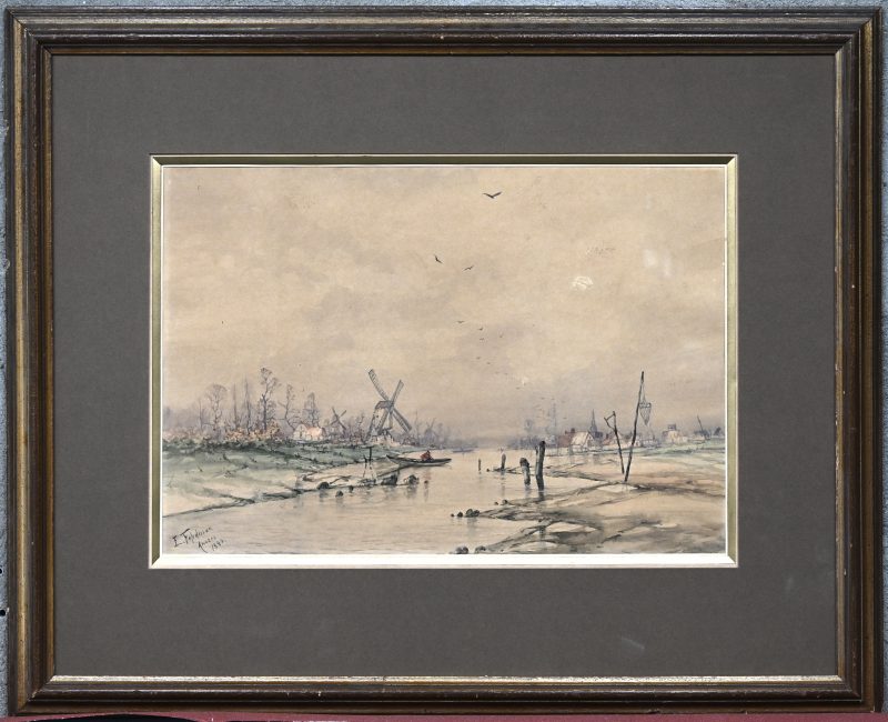 “Poldergebied nabij Antwerpen”. Aquarel op papier. Gesigneerd en gedateerd ‘Anvers 1890’.