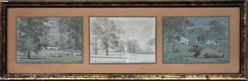 “The bridge over the Longwater - Kensington gardens”; “In Kensignton gardens - Baywater Hill” & “In Hyde Park”. Drie pasteltekeningen op papier. Allen gesigneerd en resp. gedateerd 1858, 1857 & 1838.