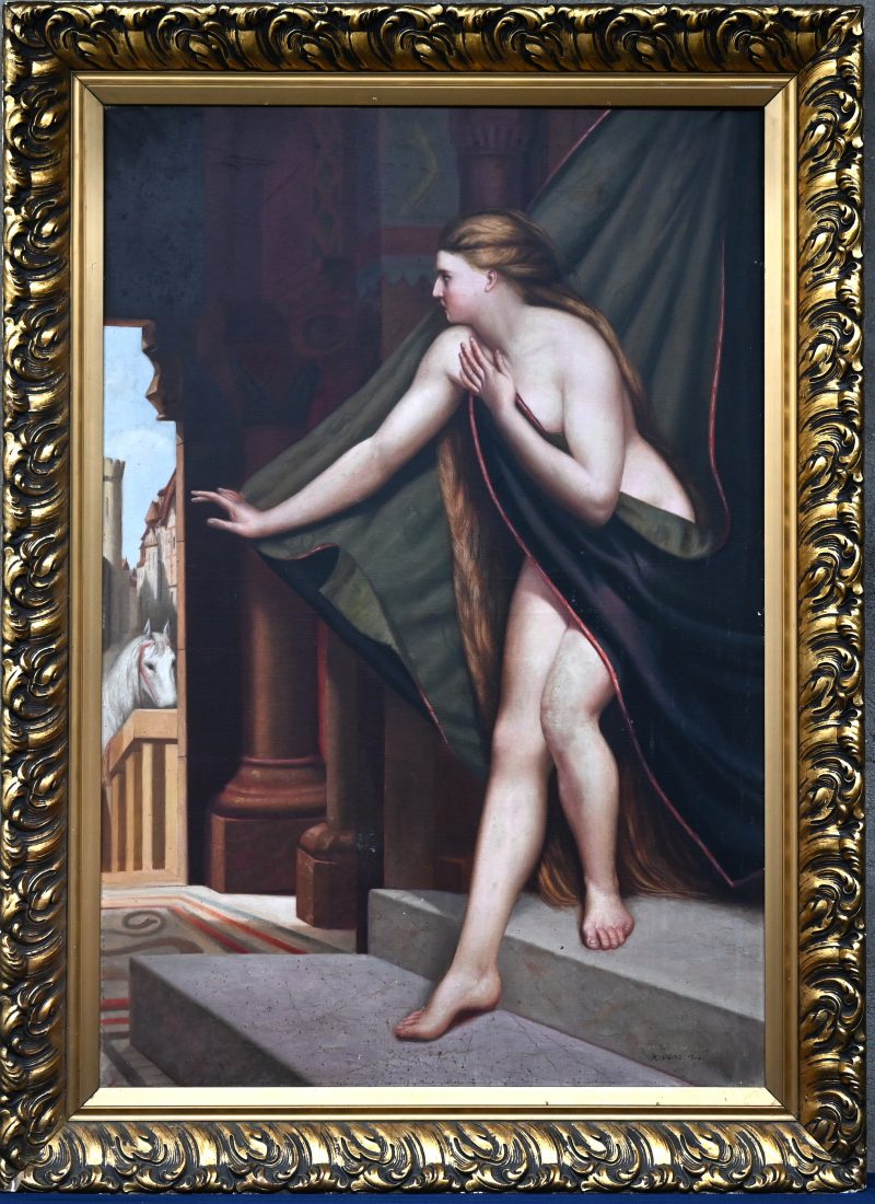 “Dame achter draperie”. Olieverf op doek. Naar werk van Karel Ooms, 1904.