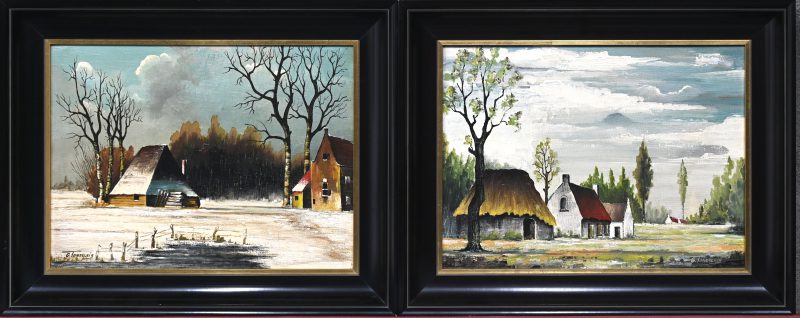 “Landschappen”. Een paar schilderijtjes, olieverf op doek. Beide gesigneerd.