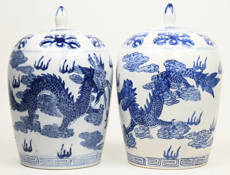 Een paar dekselpotten van Chinees porselein met blauw op wit decor van draken.