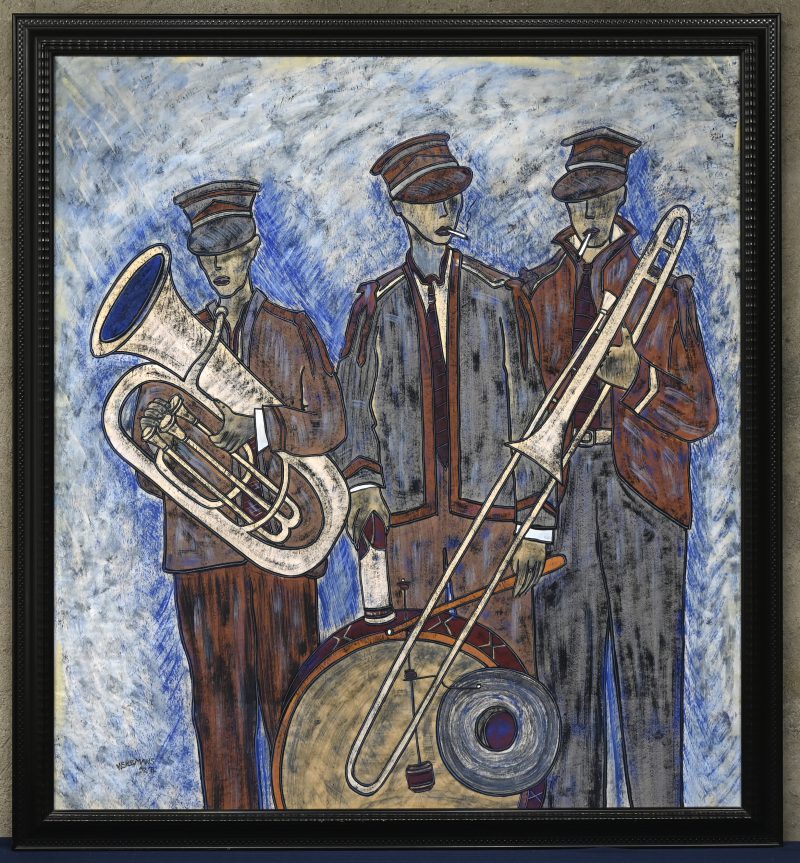 “Drie Jazzmuzikanten”. Gemengde techniek. Gesigneerd.